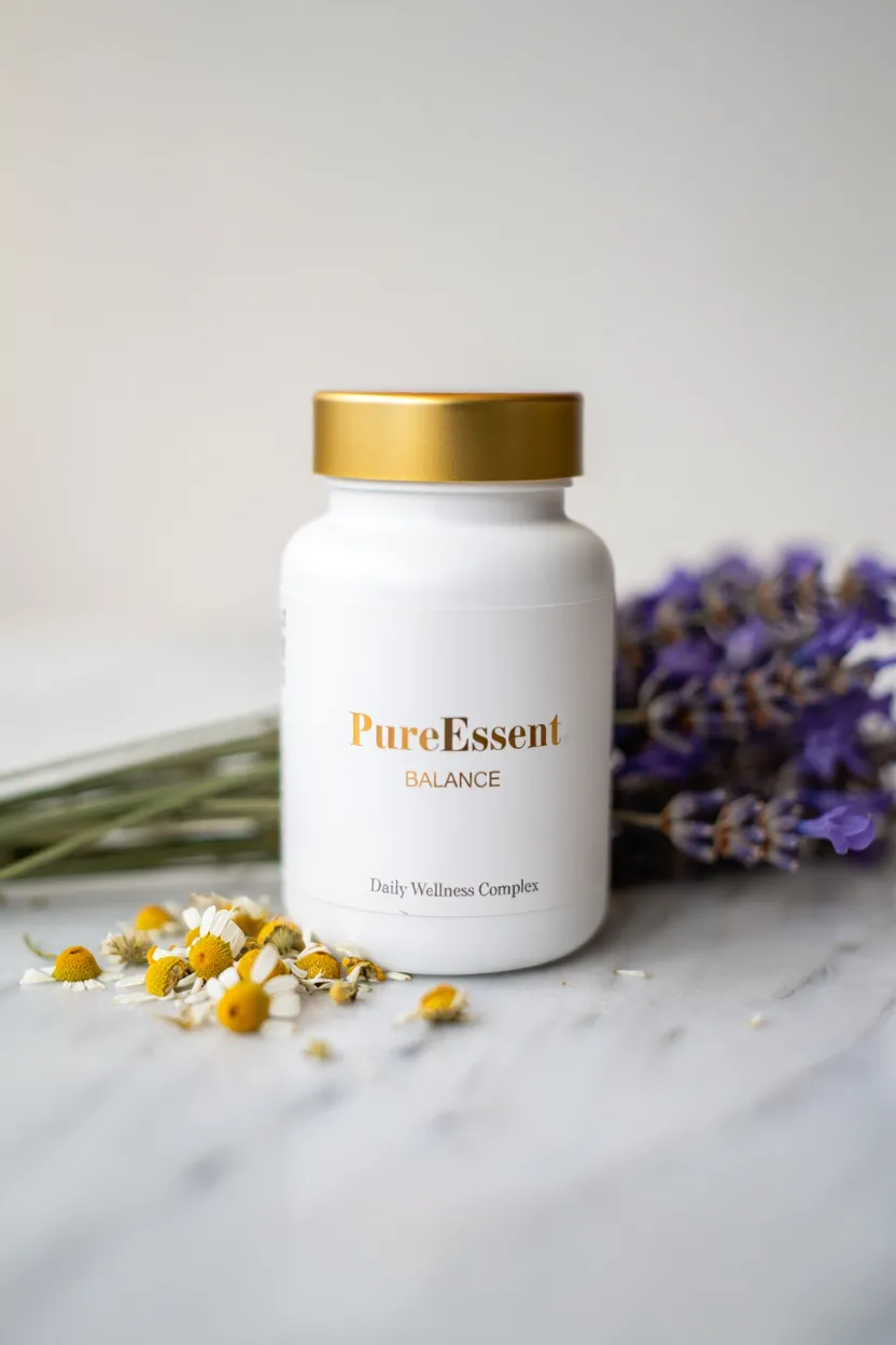 PureEssent Balance wellness supplement bottle with natural ingredients